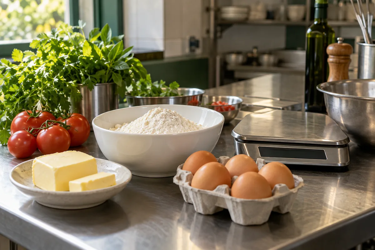 Cena ilustrativa de ingredientes e balança sobre uma bancada de cozinha
